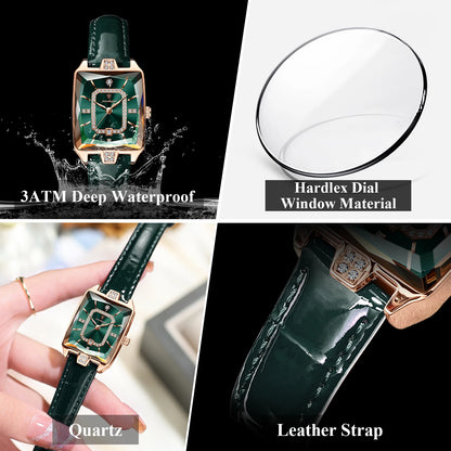 POEDAGAR®  Luxury Leather Strap Diamond Studded Women Quartz Wrist watch