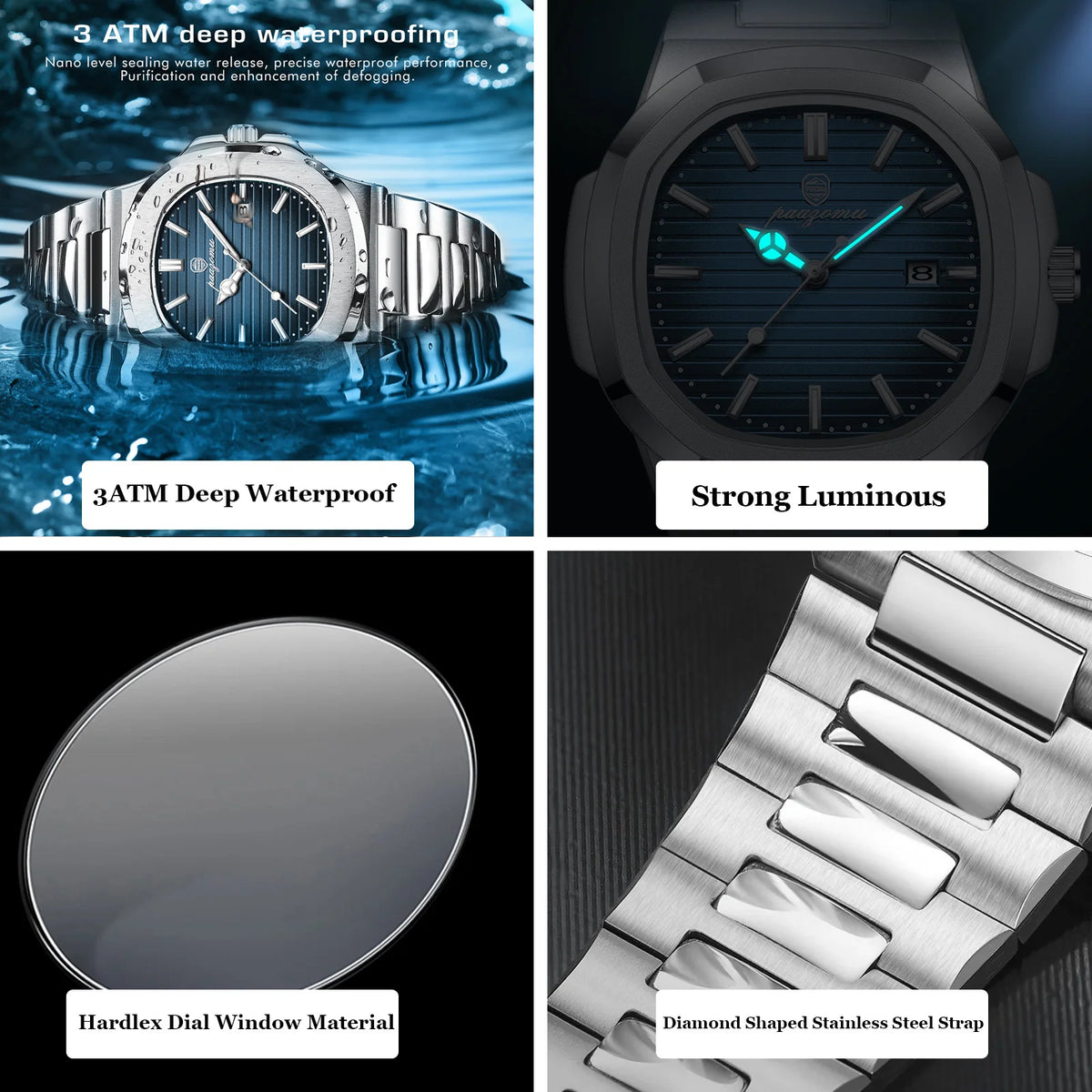 PAAZOMU® Luxury Men's Quartz Mariner Stainless Steel Luminous Watch