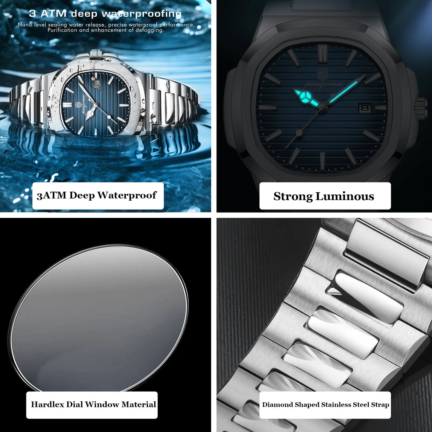 PAAZOMU® Luxury Men's Quartz Mariner Stainless Steel Luminous Watch