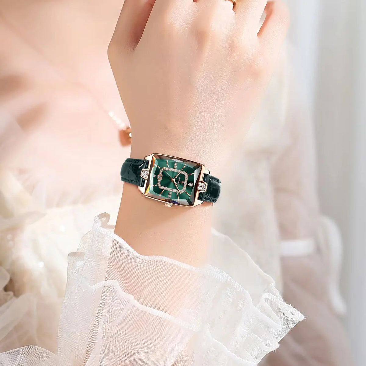 POEDAGAR®  Luxury Leather Strap Diamond Studded Women Quartz Wrist watch