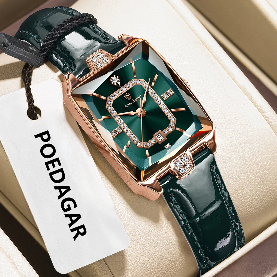 POEDAGAR®  Luxury Leather Strap Diamond Studded Women Quartz Wrist watch